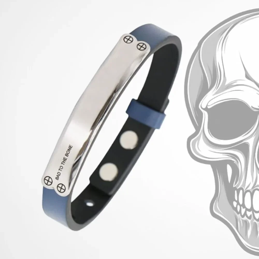 Men's Genuine BLUE Leather BAD TO THE BONE Adjustable Bracelet